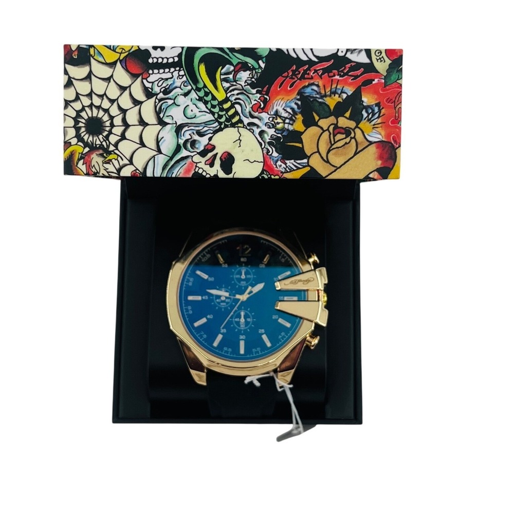 Ed Hardy Chronograph Watch Mens OS Gold Black Skull Tattoo‎ Box Bling Y2K NWT